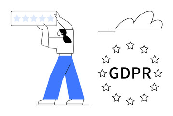 Woman holding rating stars, cloud, GDPR surrounded by stars in circle. Ideal for GDPR, data protection, privacy, compliance, reviews rating cloud technology. Minimal and simple flat metaphor