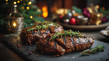 Close up of two steaks with rosemary garnish on a dark background with lights