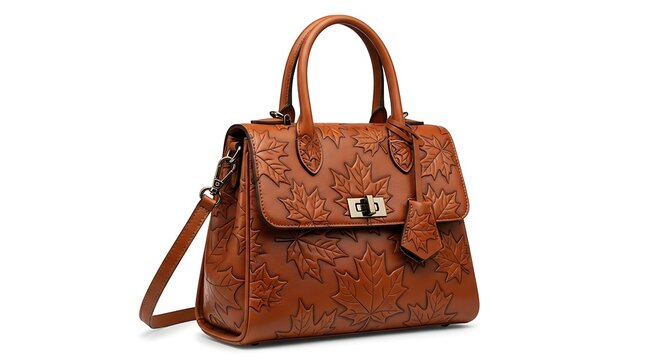 Elegant brown leather handbag with embossed maple leaf design for autumn fashion accessories style - Powered by Adobe