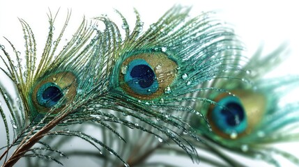 Obraz premium Peacock Feather's Water Droplet: Exquisite detail of peacock feathers with mesmerizing patterns. Each feather adorned with delicate water droplets that shimmer, capturing a moment of natural beauty.
