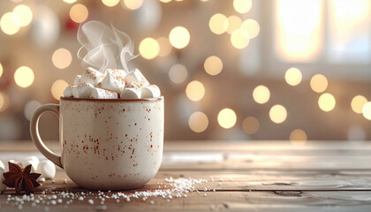 Fototapeta premium Cozy mug of hot chocolate topped with marshmallows sits on wooden table, with warm bokeh background