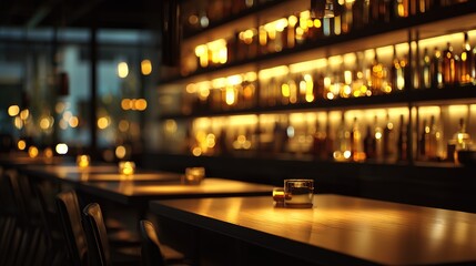 Restaurant bar interior with soft lighting and elegant ambiance, perfect for upscale dining and cocktail hour.