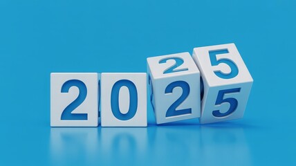Three-dimensional rendering of the year 2025 represented by white cubes with blue numbers against a solid blue background.