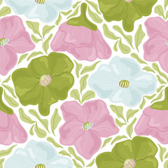 Fototapeta premium Vector seamless floral pattern with green and pink morning glory flowers, light blue background, hand drawn botanical illustration for textile and decor