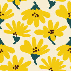 Fototapeta premium Vector seamless pattern with yellow daisy flowers, green leaves, hand drawn illustration for summer packaging, fabric, and wall art