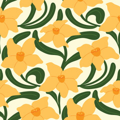 Fototapeta premium Vector seamless pattern with orange daffodil flowers and green leaves, hand drawn illustration for spring fabric, gift wrap, and home decoration