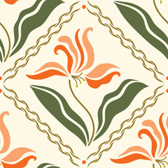 Vector seamless floral pattern with abstract orange lilies and green leaves, hand drawn summer botanical background for textile and wallpaper