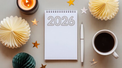 A flat lay composition featuring a notebook with the year 2026 written on it, surrounded by festive decorations, a lit candle, and a cup of coffee.