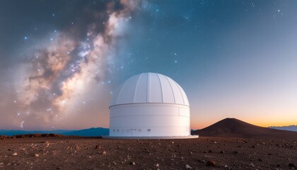 Observatory dome under the Milky Way galaxy, a stunning astronomical research facility located in a remote desert landscape