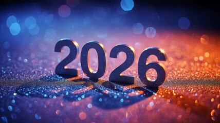 The year 2026 is represented by large metallic numbers on a sparkling, reflective surface with a bokeh effect of blue and orange lights.