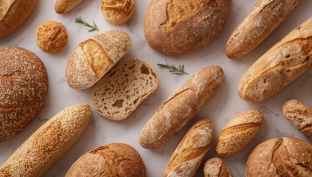 Assorted Loaves, Baguettes and Rustic Bread on Marble, Top View, Warm Lighting.