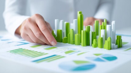 During an office meeting, a corporate auditor analyzes sustainability reports, using colorful 3D data models to highlight eco-friendly initiatives for better decision making