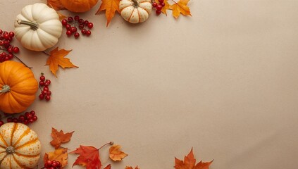 Autumn Arrangement on Neutral Background, Pumpkins, Leaves, and Red Berries Decorate the Corners.