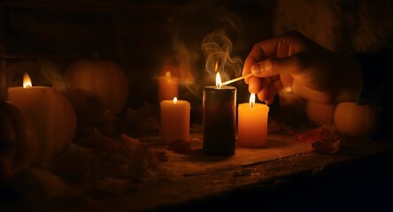 Hand lighting candle with match, pumpkins and autumn leaves in dark room