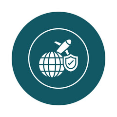 Global travel security and protection icon with airplane rocket shield and globe isolated on transparent background