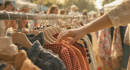 Hand selects garment on rack at outdoor clothing flea market stall