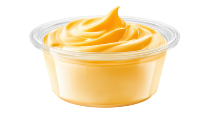 Swirl of cheddar cheese sauce in bowl on transparent background