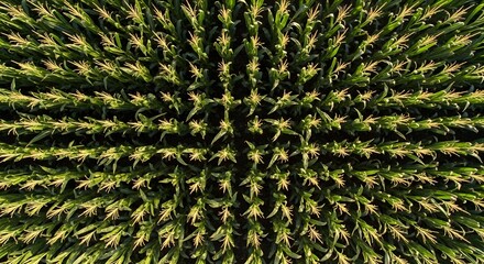 Drone photo from above high angle of a large corn plantation, corn arranged neatly with a background of large corn