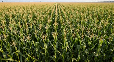 Drone view of a large corn plantation, corn neatly arranged with a background of large corn.