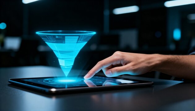 Hand touching tablet displaying digital data funnel illustration.