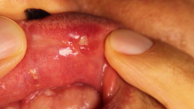 Closeup of a Painful mouth ulcer on the inner upper lip. Ideal for medical, dental, or healthcare videos showing oral diseases, symptoms, stress-related ulcers, and hygiene education.