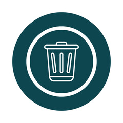 Clean white outline of a trash can inside a circular frame isolated on transparent background