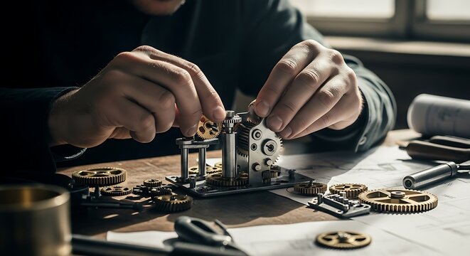 Hands assembling clockwork mechanism with gears on blueprints on table.