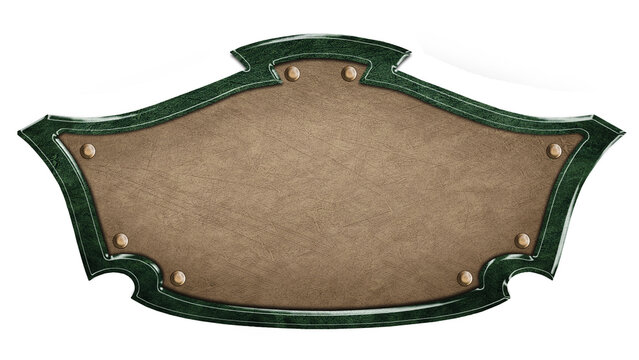 Vintage leather signboard in dark stone frame isolated on white background