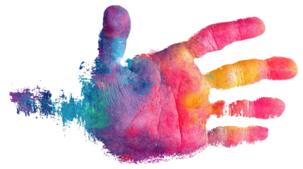 Color child handprint. Creative paint hands prints. Happy childhood design. Artistic kids stamp, bright human fingers and palm on white background.