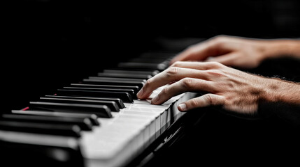 Fototapeta premium Close-up of male hands actively playing classic grand piano keyboard under dramatic, focused lighting, emphasizing musical performance and artistry.
