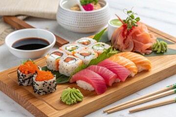 various type sushi on wood plate studio shot