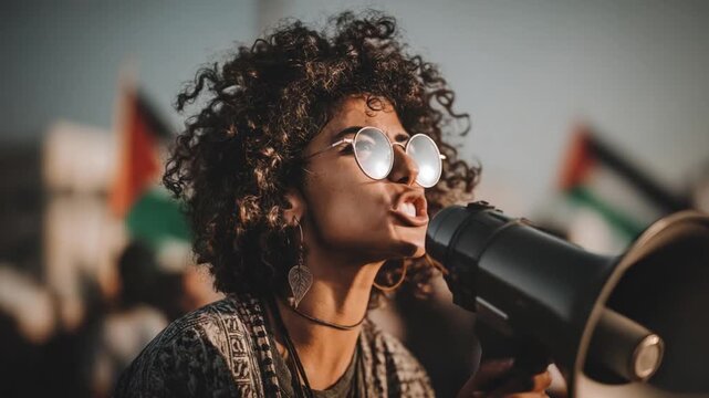 A person with curly hair, glasses, and a leaf earring speaks into a megaphone outdoors