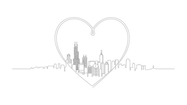 City Skyline Heart: A minimalistic line drawing showcases a cityscape within a heart shape, symbolizing affection for urban landscapes and architectural beauty.