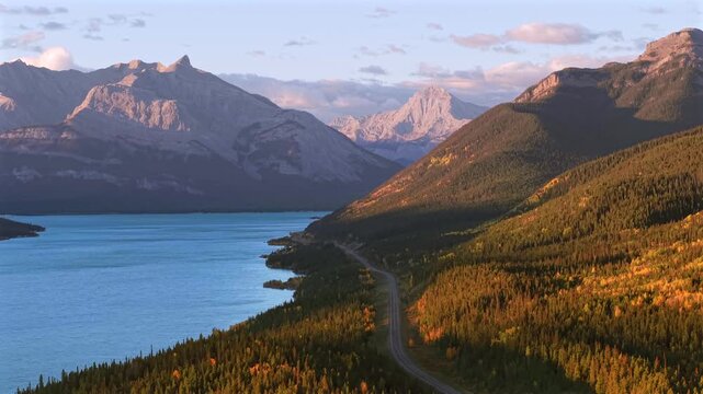 Abraham Lake and highway aerial view near Banff and Jasper in Alberta

