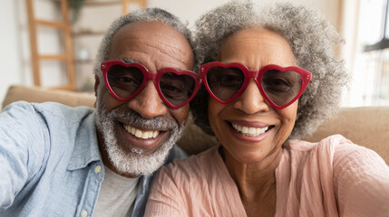 Happy senior african american couple sharing love and positivity, wearing fun red heart sunglasses for a lively selfie portrait