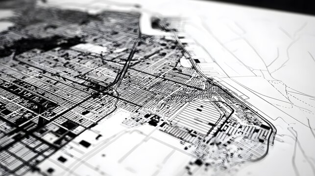 Detailed urban city street map design with intricate grid layout and topographic lines