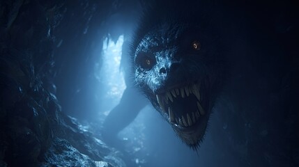 Terrifying cave monster with glowing red eyes and razor fangs emerging from shadowy grotto, exuding a menacing, supernatural presence that chills and unnerves viewers