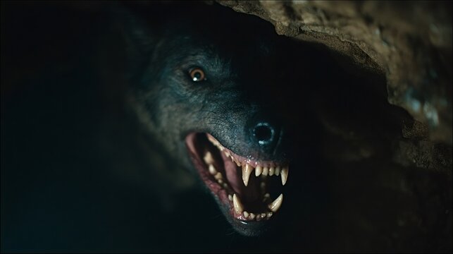 Aggressive snarling wolf like beast with glowing eyes and razor teeth lunges from a dark cave opening, evoking primal menace, horror and wild predatory danger - Powered by Adobe