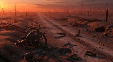 War-torn landscape at sunset with cannon on a desolate road. Horrific aftermath of battle concept. Evokes historical conflict and destruction.