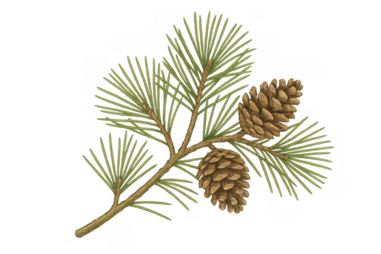 Pine branch with green needles and two brown cones, evergreen botanical illustration on transparent background - Powered by Adobe