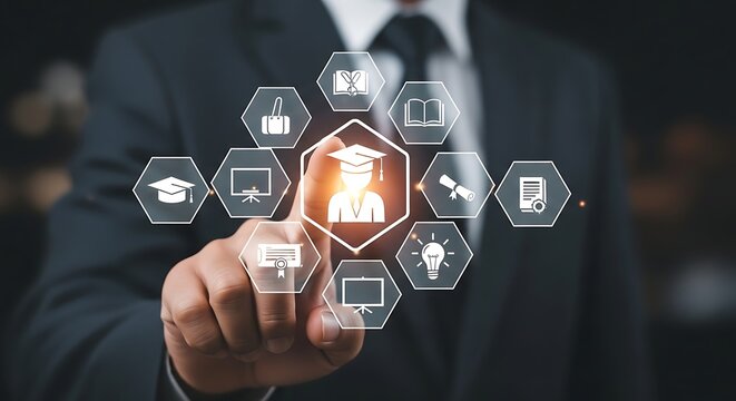 Businessman interacts with futuristic online education and e-learning system interface