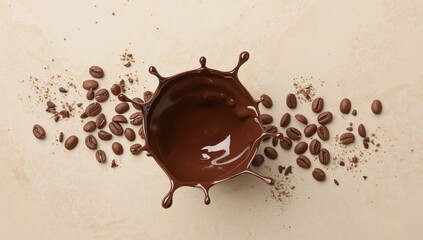 Chocolate Splash Harmony. Coffee Beans and Liquid Chocolate Arrangement Still Life.