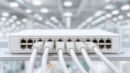 A network switch sits on a shelf, with multiple Ethernet cables securely connected. The setting features a bright, expansive data center filled with technology, enhancing connectivity