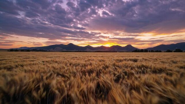 Golden wheat field sunset with dramatic sky, mountain silhouette, tranquil landscape, nature beauty, peaceful evening, rural scene, summer tranquility