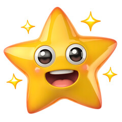 A happy cartoony yellow star with big eyes and mouth isolated on a transparent background smiling