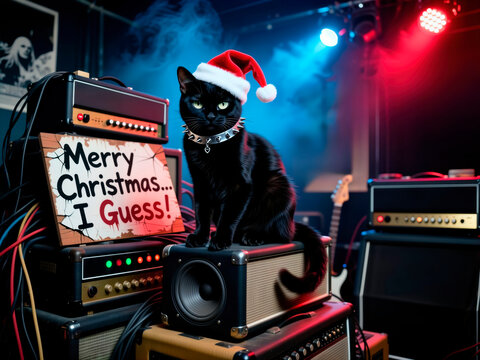 Black cat with santa hat on amplifiers with humorous Christmas sign.