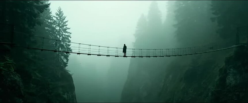 Silhouette of person standing on dangerous suspension bridge over foggy canyon