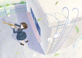 学校の屋上でトランペットを演奏する吹奏楽部_フレア、木の葉