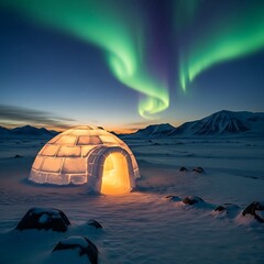 Aesthetic Background Northern Lights illuminating a cozy igloo in a snowy arctic landscape
