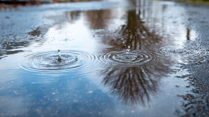 Raindrops creating circular ripples in a reflective puddle on wet asphalt, showing bare tree reflections under a cloudy sky